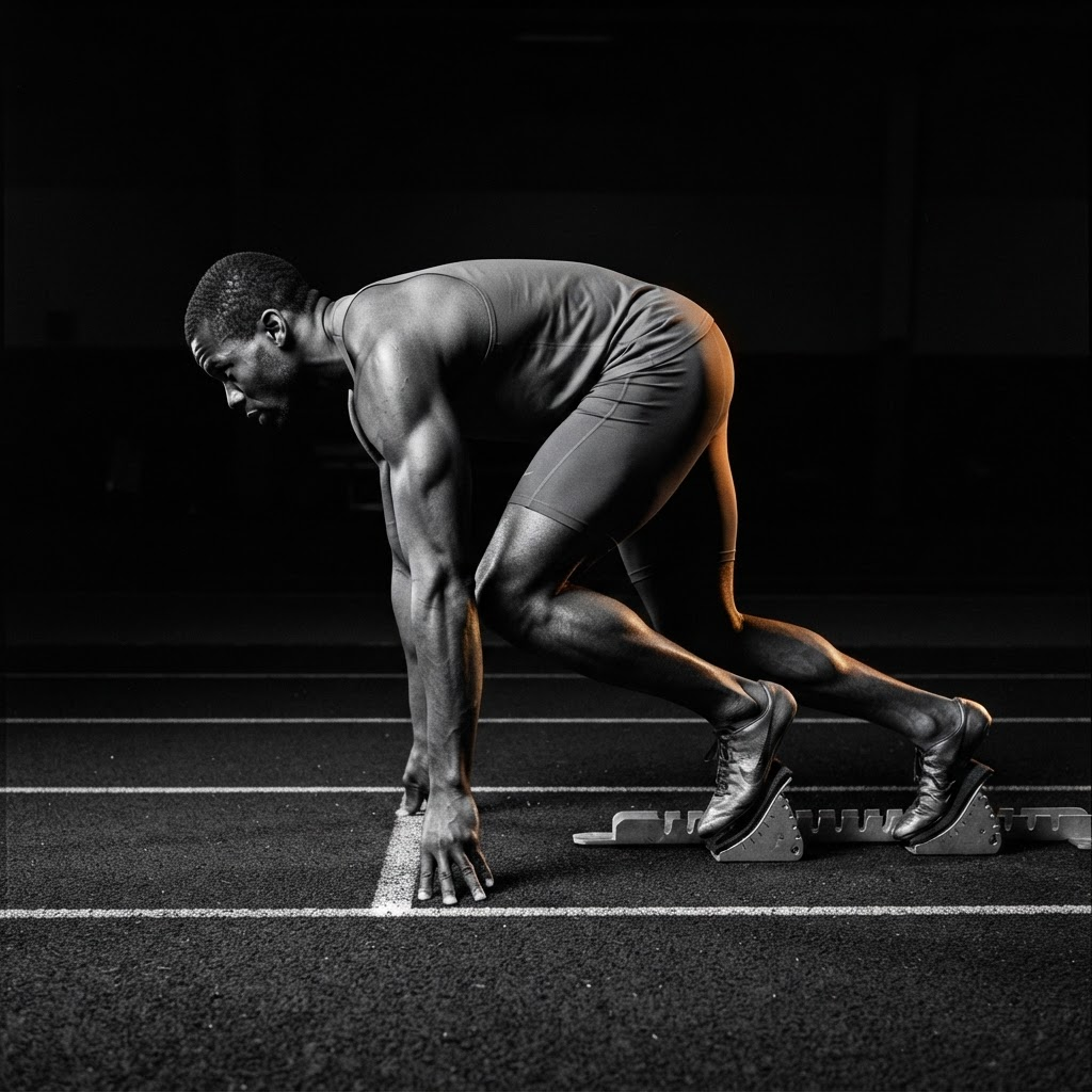 A sprinter set in the starting blocks, poised to accelerate.